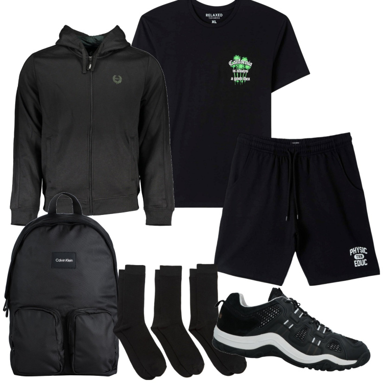 Outfit uomo - Teenager in palestra. Stile Casual per Sport. Abbinamento con sneakers, borse sportive, t-shirt, pantaloni corti, calzini, felpe con cappuccio.
