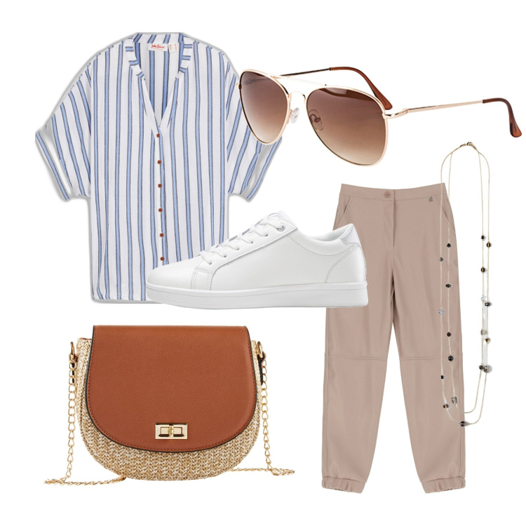 Outfit donna - Blu Beige combo. Stile Casual per Tutti i giorni. Abbinamento con camicie, occhiali da sole, sneakers, borse a tracolla, pantaloni, collane.
