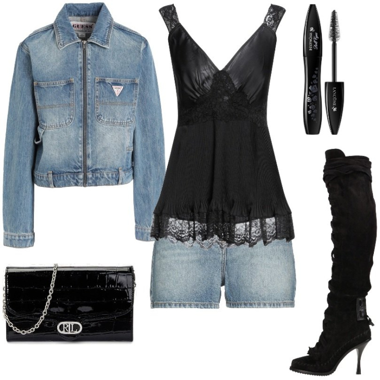 Outfit donna - Sexy denim e nero. Stile Sexy per Serata fuori. Abbinamento con stivali sopra il ginocchio, top, jeans, shorts, mascara, borse a tracolla.