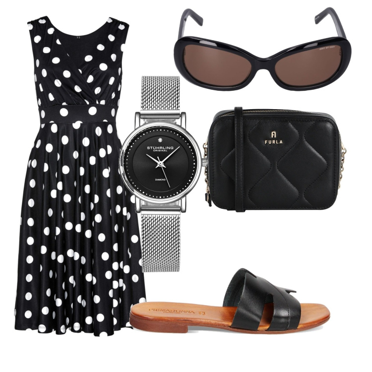 Outfit donna - I pois bianchi. Stile Glamour per Serata fuori. Abbinamento con vestiti, orologi, borse a tracolla, sandali, occhiali da sole.