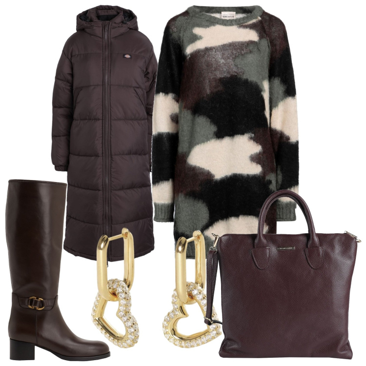 Outfit donna - Vestito fantasia militare e piumino. Stile Trendy per Tutti i giorni. Abbinamento con stivali, vestiti corti, borse a mano, piumini, orecchini.