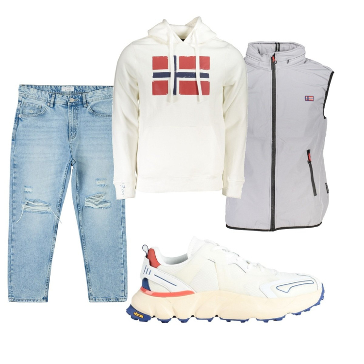 Outfit uomo - Total look #1837105. Stile Casual per Tutti i giorni. Abbinamento con sneakers, jeans strappati, giacche, felpe con cappuccio.