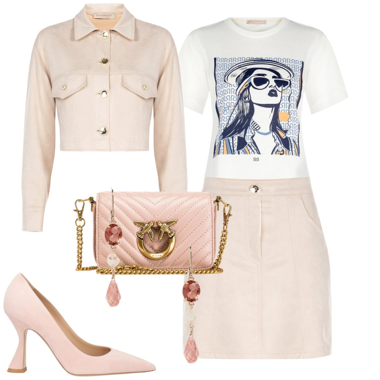 Outfit donna - Rosé. Stile Chic per Tutti i giorni. Abbinamento con décolleté, borse a tracolla, t-shirt, minigonne, blazer, orecchini.