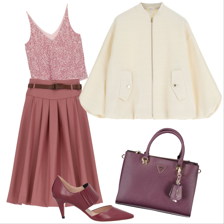 Outfit donna - Biscotto. Stile Casual chic per Tutti i giorni. Abbinamento con décolleté, gonne longuette, bomber, top, collane.