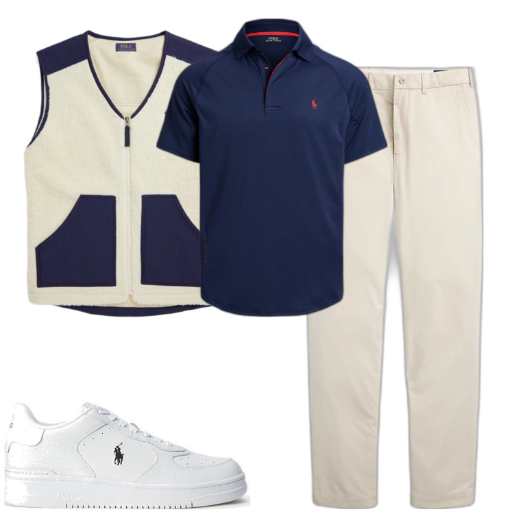 Outfit uomo - Sporty chic. Stile Urban per Tutti i giorni. Abbinamento con sneakers, polo, gilet, pantaloni chino.
