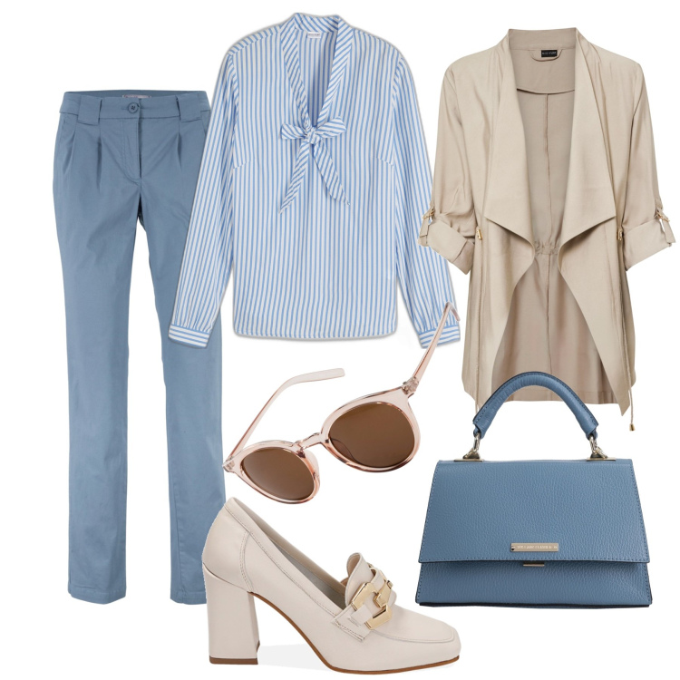 Outfit donna - Primavera in città. Stile Sporty chic per Tutti i giorni. Abbinamento con borse a mano, pantaloni chino, bluse, blazer, occhiali da sole, mocassini.