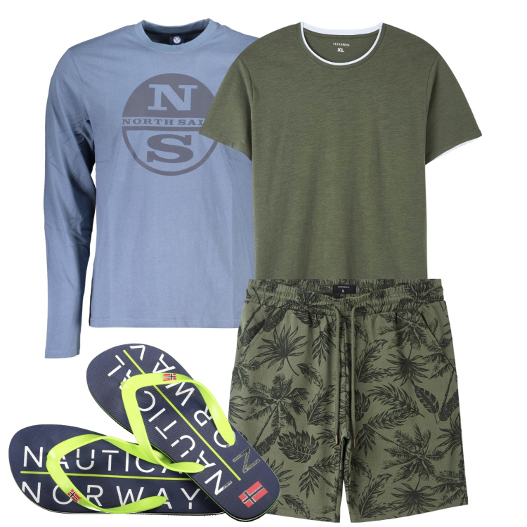 Outfit uomo - Weekend Al caldo. Stile Casual per Tutti i giorni. Abbinamento con t-shirt, bermuda, t-shirt, sandali.