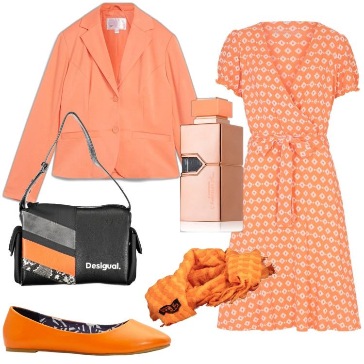 Outfit donna - Primavera. Stile Casual chic per Tutti i giorni. Abbinamento con ballerine, vestiti, blazer, profumi, borse a spalla, sciarpe.