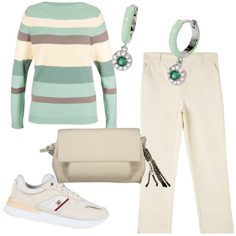 Outfit donna - Casual. Stile Casual per Tutti i giorni. Abbinamento con maglieria, sneakers, pantaloni chino, orecchini, borse a spalla.