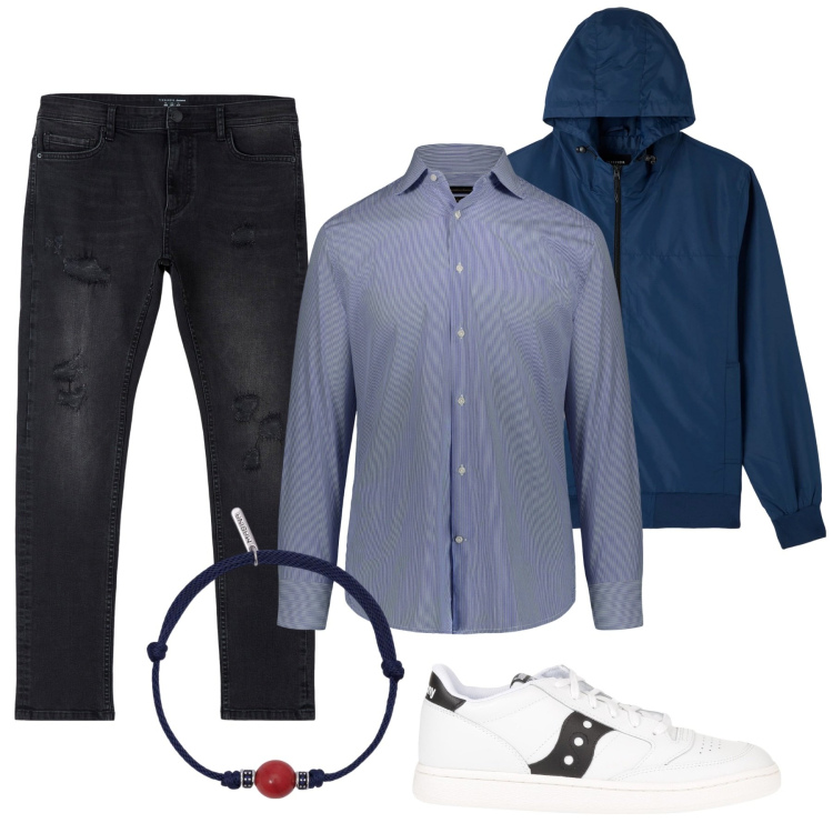 Outfit uomo - Camicia blu a righe. Stile Casual per Tutti i giorni. Abbinamento con sneakers, jeans strappati, giacche, braccialetti, camicie.