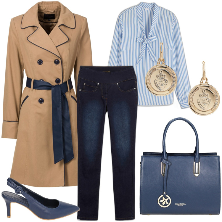 Outfit donna - Trench must have. Stile Casual chic per Tutti i giorni. Abbinamento con jeans, trench, bluse, décolleté, borse a mano, orecchini.