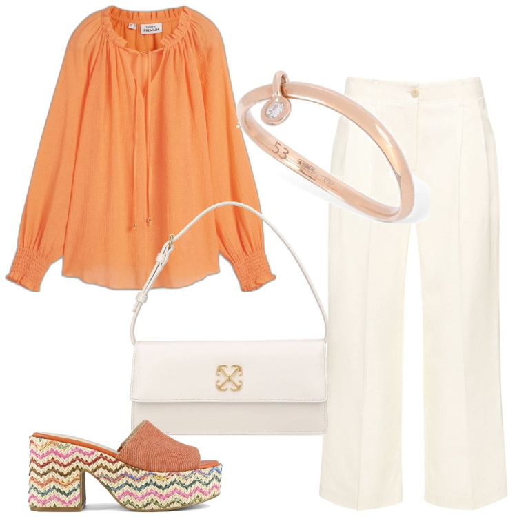 Outfit donna - Una blusa per la primavera-curvy style. Stile Casual chic per Tutti i giorni. Abbinamento con tuniche, sandali, pantaloni, anelli, borse a spalla.