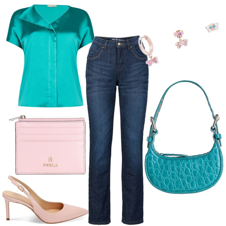 Outfit donna - Un binomio che amo! Focus donna curvy. Stile Casual chic per Tutti i giorni. Abbinamento con jeans dritti, orecchini, borse a mano, portamonete, bluse, décolleté.
