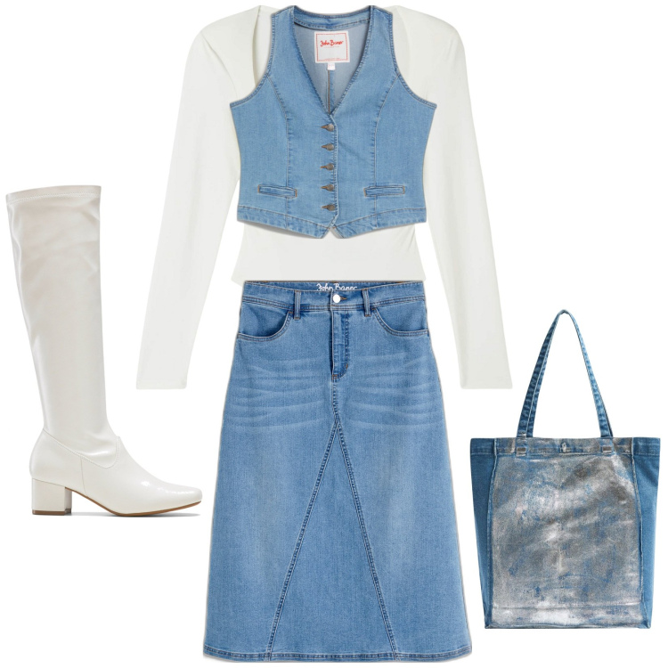 Outfit donna - Gonna jeans. Stile Basic per Tutti i giorni. Abbinamento con gonne, gilet, stivali, shopping bag, body.