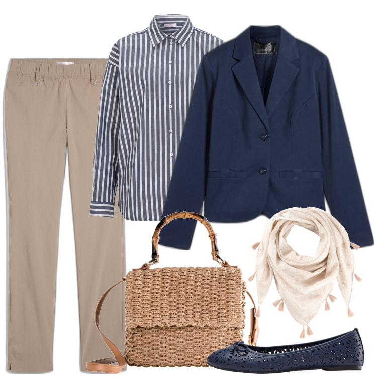 Outfit donna - Elegante e comoda. Stile Casual chic per Ufficio. Abbinamento con pantaloni, ballerine, camicie, blazer, borse a mano, foulard.