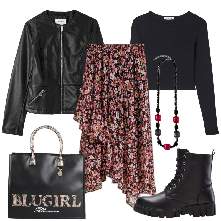Outfit donna - Gonna floreale. Stile Rock per Tutti i giorni. Abbinamento con stivaletti, gonne, borse a mano, t-shirt, blazer, collane.