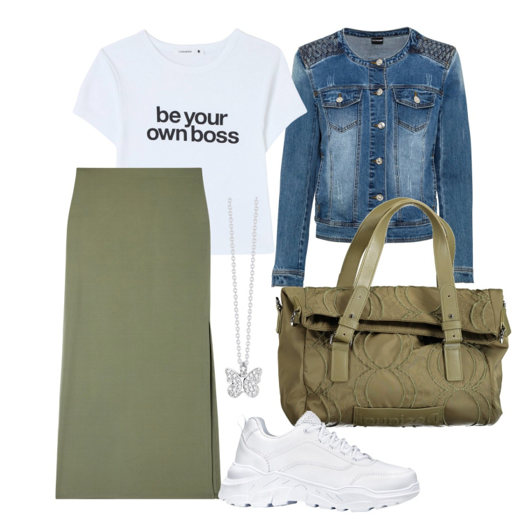 Outfit donna - Ghost outfitter - marzo. Stile Trendy per Tutti i giorni. Abbinamento con sneakers, blazer, gonne lunghe, t-shirt, collane, borse a spalla.
