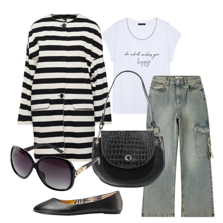 Outfit donna - Ghost outfitter - marzo. Stile Casual chic per Tutti i giorni. Abbinamento con ballerine, occhiali da sole, cappotti, borse a mano, jeans, t-shirt.