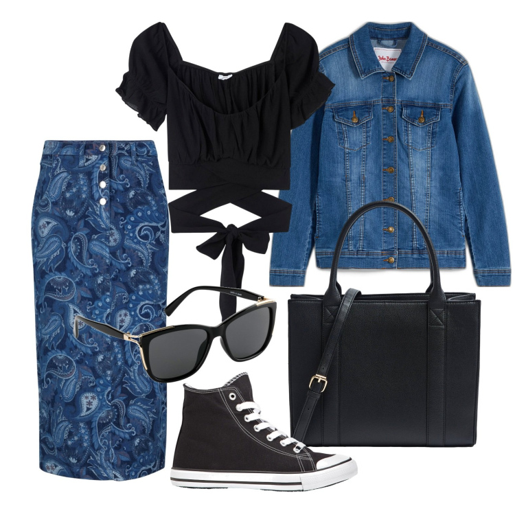 Outfit donna - Ghost outfitter - marzo. Stile Trendy per Tutti i giorni. Abbinamento con blazer, sneakers alte, gonne, occhiali da sole, bluse, shopping bag.