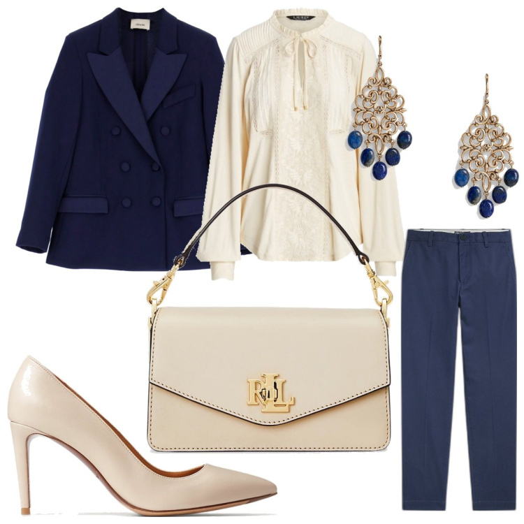 Outfit donna - Blu Navy e beige. Stile Bon Ton per Serata fuori. Abbinamento con blazer, pantaloni chino, bluse, orecchini, décolleté, borse a tracolla.