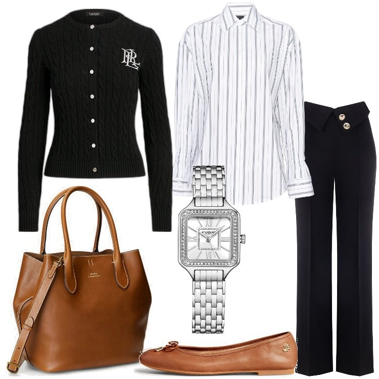 Outfit donna - Un look formale per l\'ufficio. Stile Bon Ton per Ufficio. Abbinamento con orologi, camicie, pantaloni a palazzo, cardigans, ballerine, borse tote.