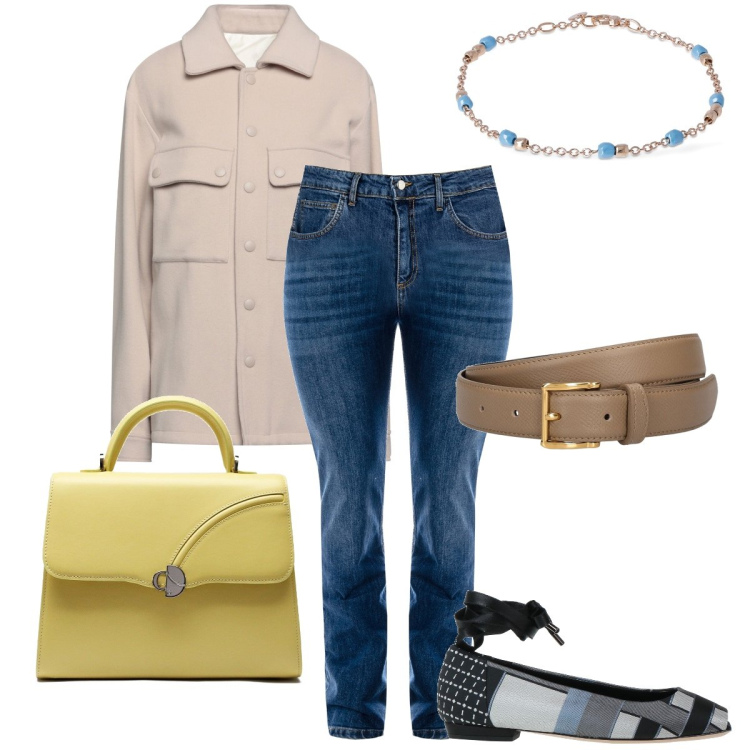 Outfit donna - La camicia sportiva per la primavera. Stile Casual chic per Ufficio. Abbinamento con camicie, ballerine, jeans dritti, braccialetti, borse a mano, cinture.