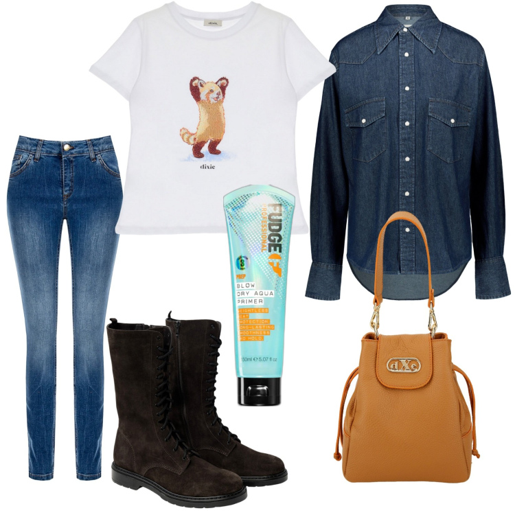 Outfit donna - Casual. Stile Casual per Tutti i giorni. Abbinamento con primer, jeans skinny, borse a secchiello, t-shirt, camicie, stivaletti.