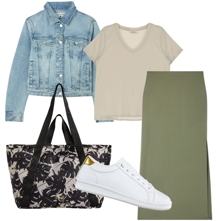 Outfit donna - La shopper con le foglie. Stile Casual chic per Tutti i giorni. Abbinamento con sneakers, gonne lunghe, blazer, t-shirt, shopping bag.