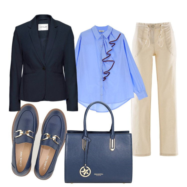 Outfit donna - Combo bb…. beige-blu. Stile Casual chic per Tutti i giorni. Abbinamento con blazer, pantaloni a palazzo, borse a mano, camicie, mocassini.