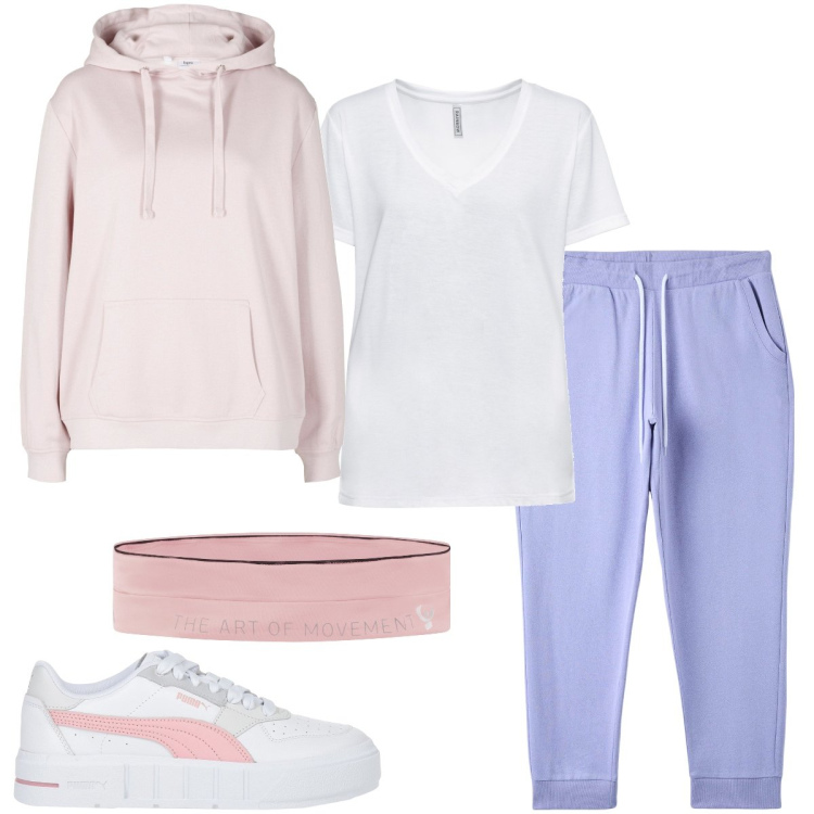 Outfit donna - Passeggiata al parco. Stile Sporty chic per Sport. Abbinamento con sneakers, t-shirt, felpe con cappuccio, pantaloni, marsupi.