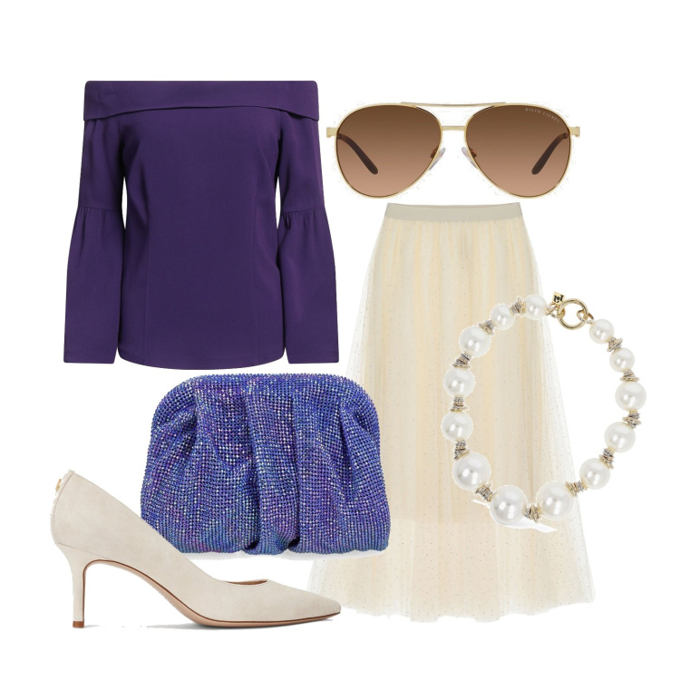 Outfit donna - Ghost outfitter - marzo. Stile Bon Ton per Tutti i giorni. Abbinamento con top, gonne lunghe, occhiali da sole, décolleté, collane, pochette.