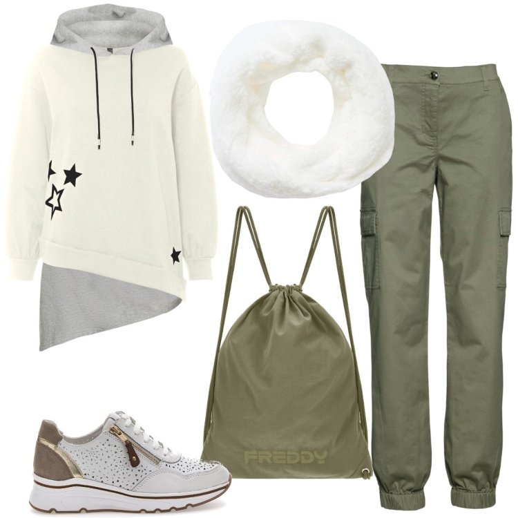 Outfit donna - Verde militare e panna. Stile Sporty chic per Tutti i giorni. Abbinamento con pantaloni cargo, felpe con cappuccio, sciarpe, zaini, sneakers.