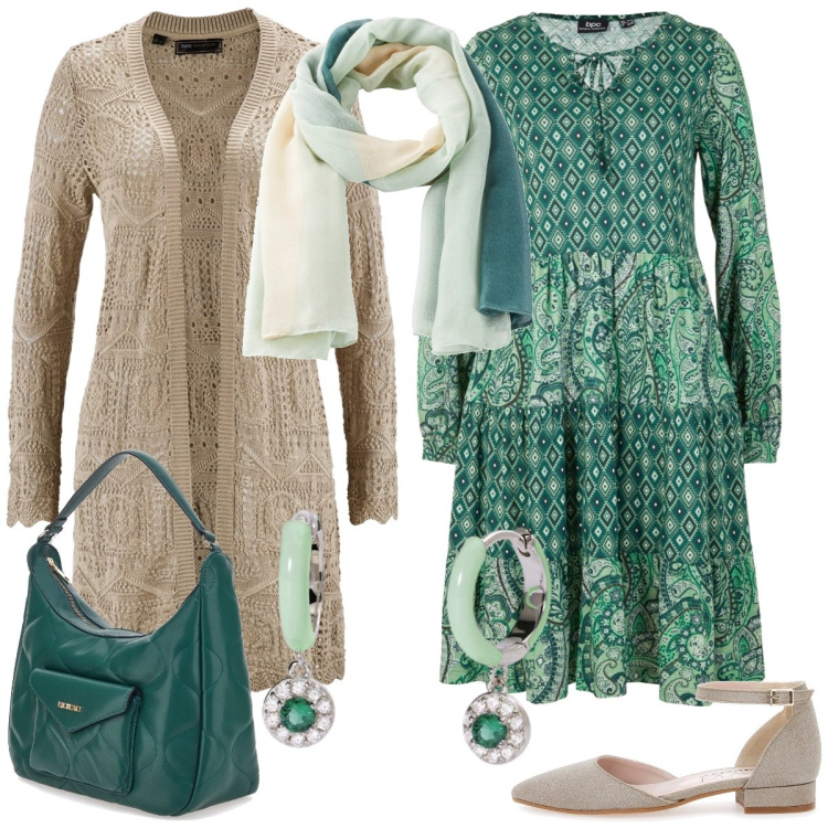 Outfit donna - Verde e beige. Stile Boho per Tutti i giorni. Abbinamento con cardigans, vestiti corti, sciarpe, orecchini, ballerine, borse a spalla.
