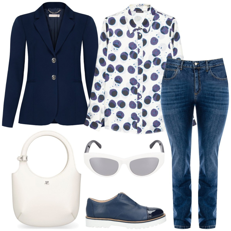 Outfit donna - Total look #1837245. Stile Casual chic per Ufficio. Abbinamento con mocassini, jeans dritti, blazer, borse a mano, occhiali da sole, camicie.