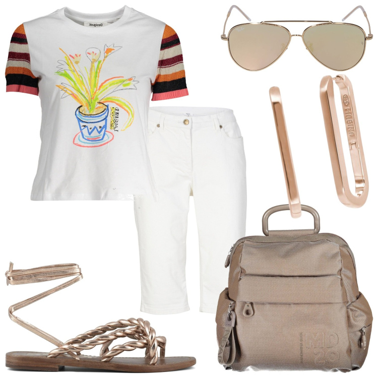 Outfit donna - Bermuda e maglietta per il week-end. Stile Casual chic per Tutti i giorni. Abbinamento con bermuda, orecchini, sandali, zaini, occhiali da sole, t-shirt.