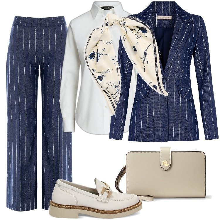 Outfit donna - Total look #1837252. Stile Mannish per Cerimonia. Abbinamento con pantaloni a palazzo, blazer, mocassini, camicie, pochette, foulard.