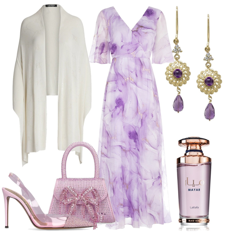 Outfit donna - Matrimonio. Stile Chic per Cerimonia. Abbinamento con orecchini, profumi, vestiti lunghi, sciarpe, décolleté, borse a mano.