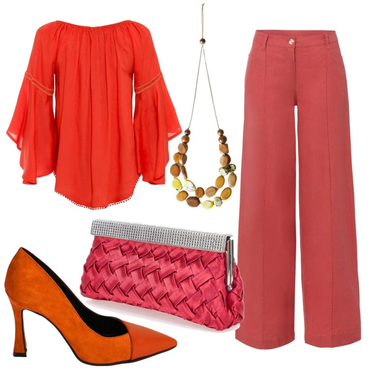 Outfit donna - Total look #1837279. Stile Casual chic per Ufficio. Abbinamento con pantaloni a palazzo, bluse, décolleté, pochette, collane.