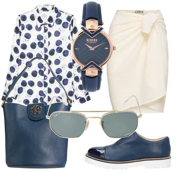 Outfit donna - Total look #1837286. Stile Chic per Ufficio. Abbinamento con mocassini, orologi, borse a secchiello, minigonne, camicie, occhiali da sole.