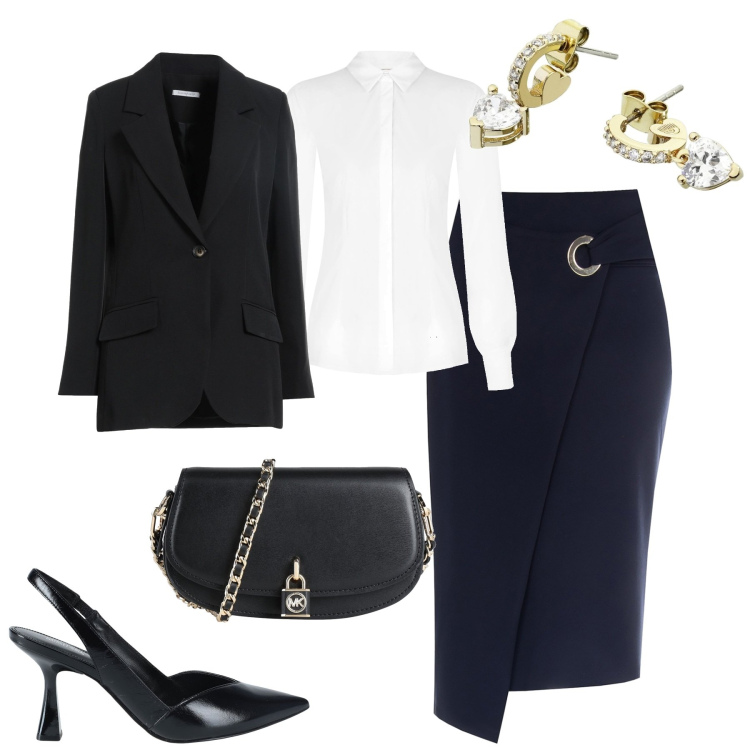 Outfit donna - Elegante. Stile Chic per Tutti i giorni. Abbinamento con décolleté, blazer, borse a tracolla, orecchini, gonne longuette, camicie.