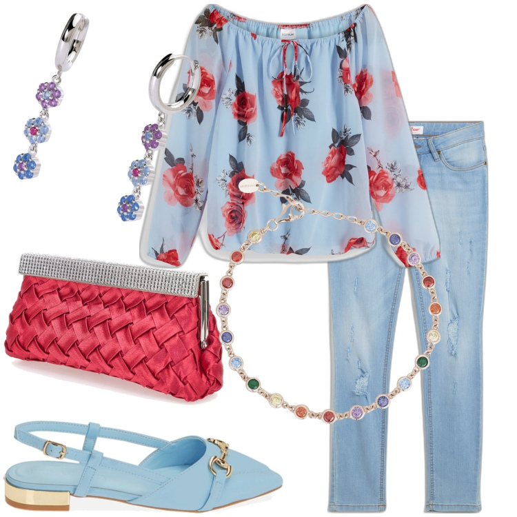 Outfit donna - Primavera. Stile Casual per Tutti i giorni. Abbinamento con jeans skinny, bluse, braccialetti, orecchini, ballerine, pochette.