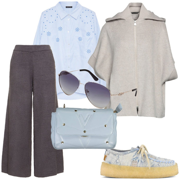 Outfit donna - Grigio e azzurro. Stile Casual per Tutti i giorni. Abbinamento con blazer, mocassini, camicie, pantaloni, borse a tracolla, occhiali da sole.