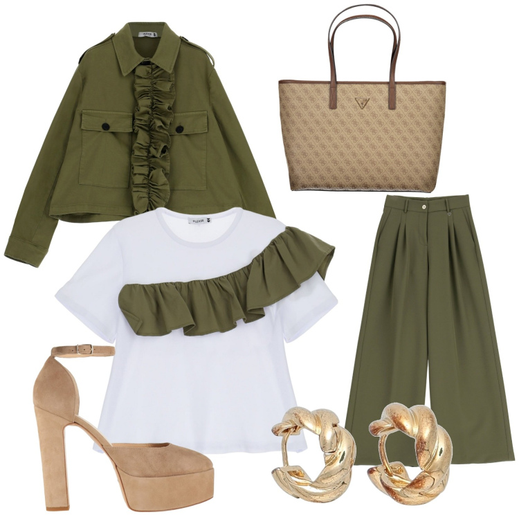 Outfit donna - Green 4 office. Stile Minimal per Ufficio. Abbinamento con décolleté, orecchini, pantaloni a palazzo, t-shirt, blazer, borse a spalla.
