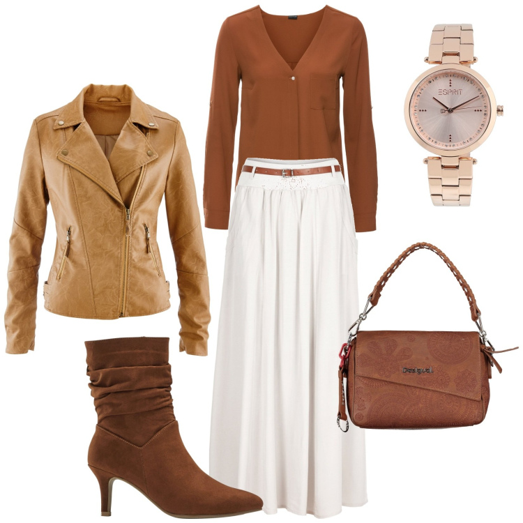 Outfit donna - Gonna lunga e stivaletto. Stile Basic per Tutti i giorni. Abbinamento con camicie, gonne lunghe, blazer, stivaletti, orologi, borse a spalla.