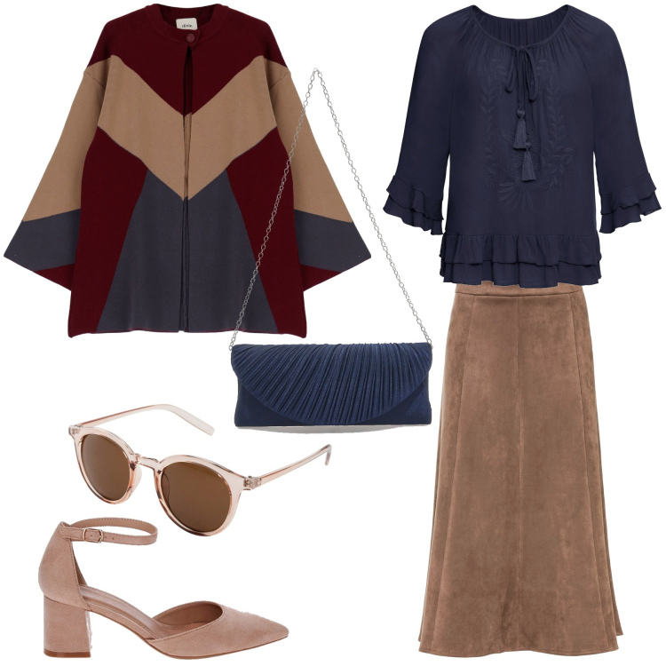 Outfit donna - Passeggiata primaverile. Stile Boho per Serata fuori. Abbinamento con tuniche, gonne longuette, occhiali da sole, décolleté, cappotti, pochette.