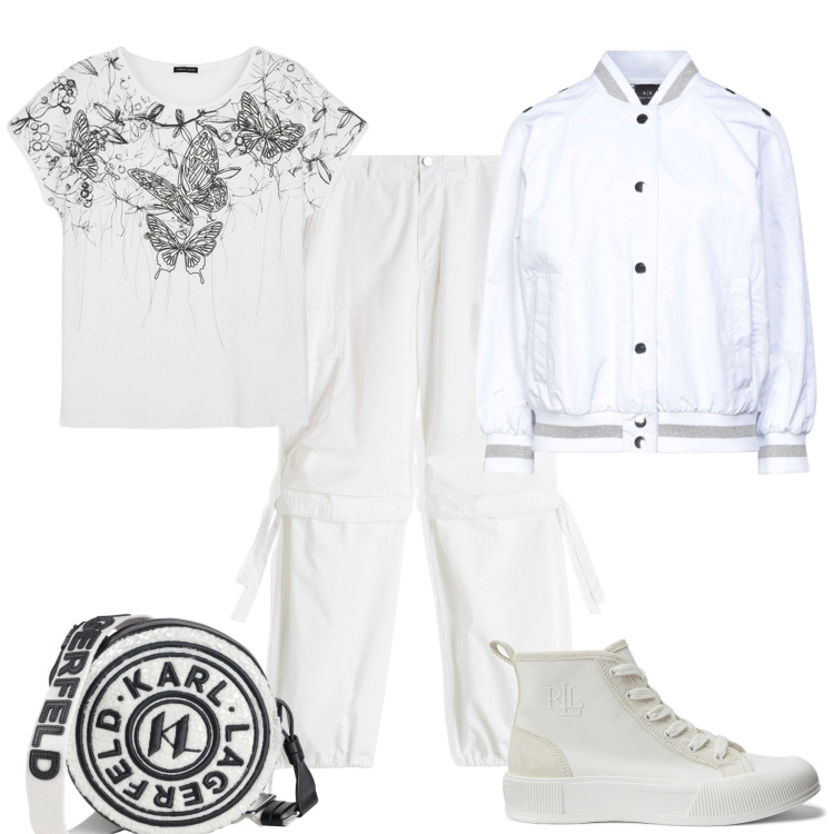 Outfit donna - Sporty. Stile Sporty chic per Tutti i giorni. Abbinamento con sneakers alte, blazer, borse a tracolla, pantaloni cargo, t-shirt.