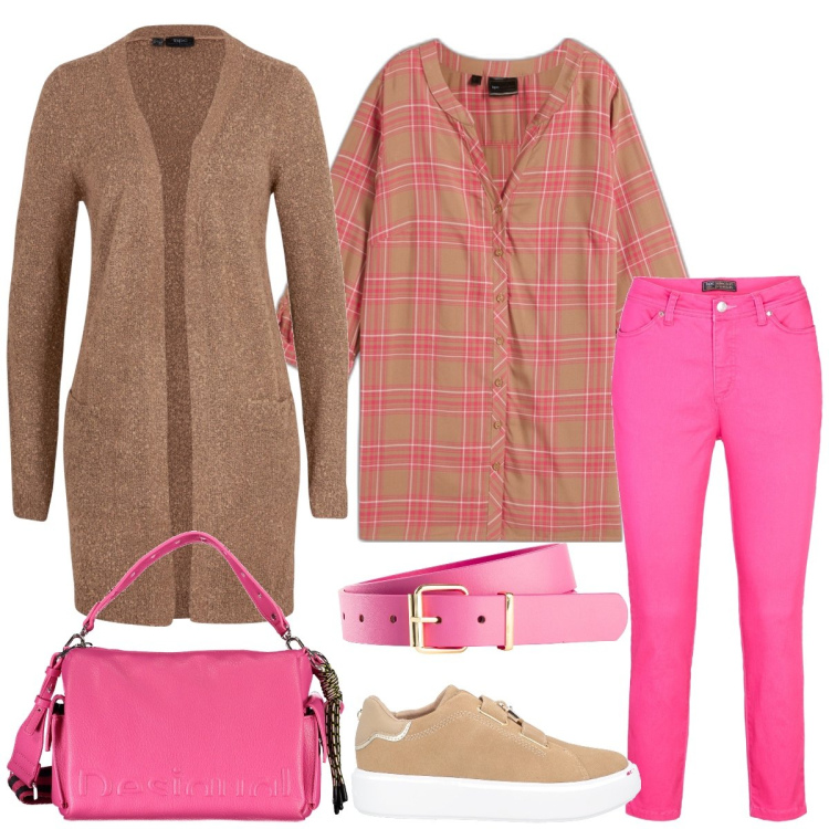 Outfit donna - Quadri. Stile Casual per Tutti i giorni. Abbinamento con cinture, camicie, cardigans, pantaloni, sneakers, borse a spalla.