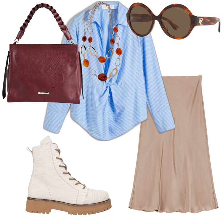 Outfit donna - Casual con classe. Stile Casual chic per Ufficio. Abbinamento con anfibi, borse a mano, bluse, gonne longuette, occhiali da sole, ciondoli.