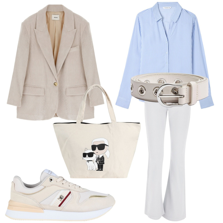 Outfit donna - Tutti i giorni. Stile Casual per Tutti i giorni. Abbinamento con sneakers, borse a mano, camicie, cinture, jeans a zampa, blazer.