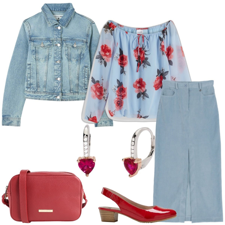 Outfit donna - Rose e jeans. Stile Casual chic per Tutti i giorni. Abbinamento con décolleté, bluse, borse a tracolla, blazer, orecchini, gonne lunghe.